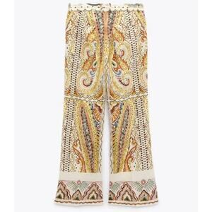 Zara Linen Blend Paisley Printed Cream and Earthtone Flare Leg Pants • Size XS